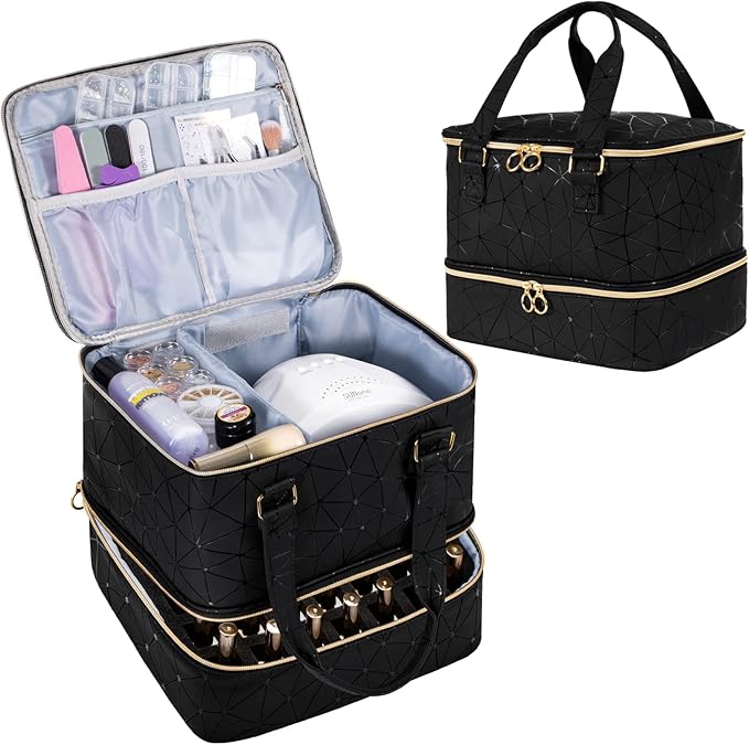 Uross Nail Polish Organizer Bag Holds 42 Bottles Nail Polish & Nail Lamp, Gel Nail Polish Organizers and Storage box for Nail Tech, Nail Kit Supplies Organizer Case - Black