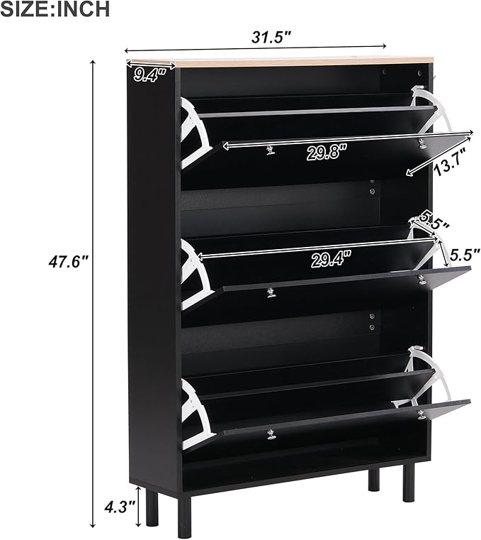 Contemporary Shoe Cabinet with 3 Flip Doors Free-Standing Wooden Shoe Rack Shoe Storage Organizer for Entryway Hallway Small Space (Black&Natural)