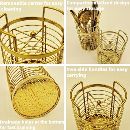 ZECNG Gold Kitchen Divided Organizer, Kitchen Countertop Holder for Serving Utensils, Stainless Steel Mesh Storage Baskets for Holding Knife Fork Spoon