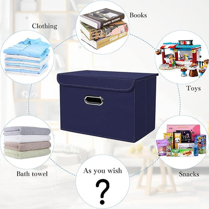 STOREONE Fabric Storage Cube Bins Foldable Organizer Container Collapsible Basket with Lids and Metal Handles, for Home, Bedroom, Closet 6 Pcs (Navy Blue)