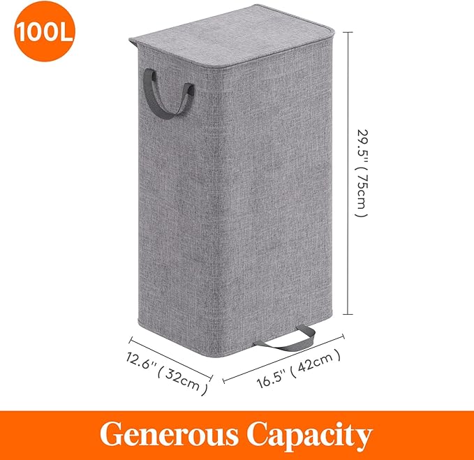 Lifewit Single Laundry Hamper with Lid and Removable Laundry Bags, Large Collapsible 1 Dividers Dirty Clothes Basket with Handles for Bedroom Laundry Room Closet Bathroom College, 100L Gray