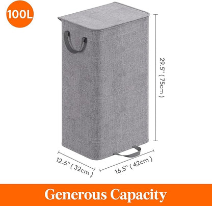 Lifewit Single Laundry Hamper with Lid and Removable Laundry Bags, Large Collapsible 1 Dividers Dirty Clothes Basket with Handles for Bedroom Laundry Room Closet Bathroom College, 100L Gray