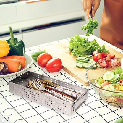 Hemoton Stainless Steel Utensil Holder Large Capacity Chopsticks Storage Case Kitchen Cutlery Organizer Drainage Box for Countertop 11.93X5.39X1.97 Inches
