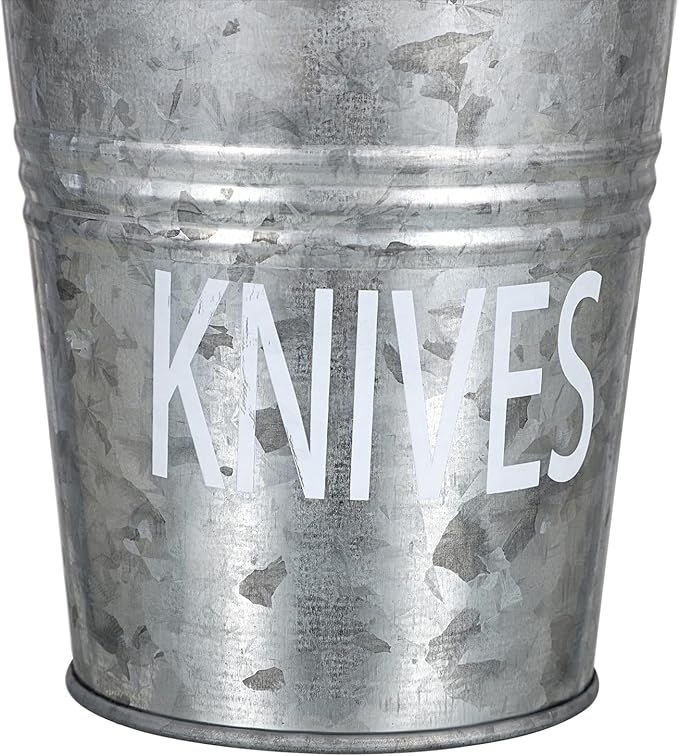 JUXYES Set of 3 Farmhouse Metal Tin Bucket Utensil Holder - Antique Silverware Caddy for Kitchen Countertop - Rustic Flatware Cutlery Caddy Silverware Holder Spoon, Fork & Knife Organizer for Parties