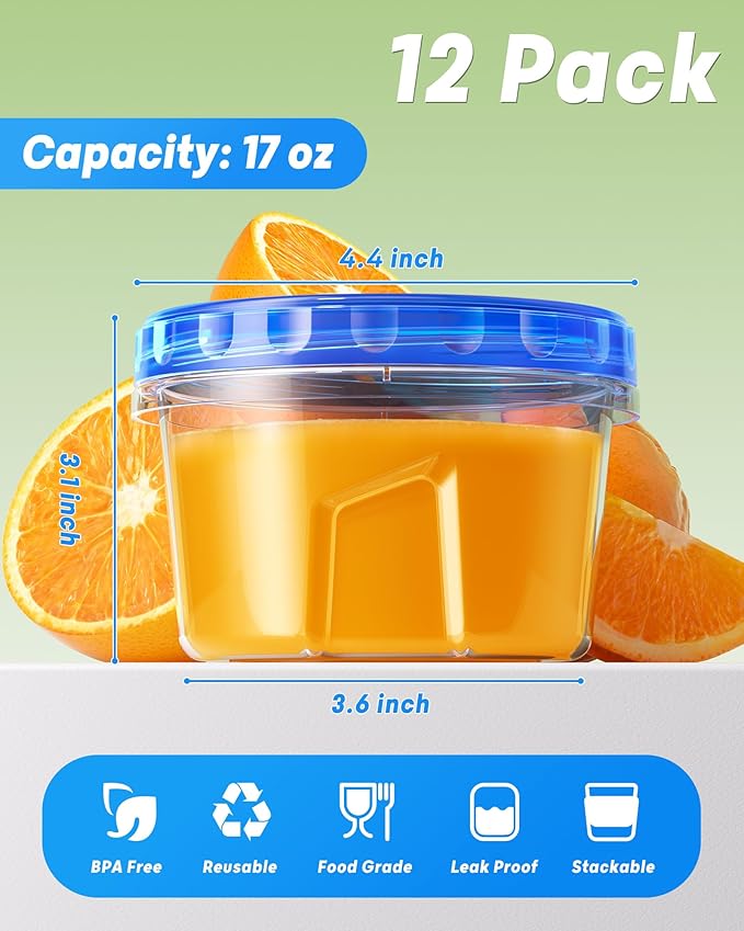 BiuLeon 12 Pack-17oz Freezer Storage Containers, Plastic Food Storage Containers with Twist Top Lids, BPA Free and Reusable Soup Containers with Lid, Microwave and Dishwasher Safe