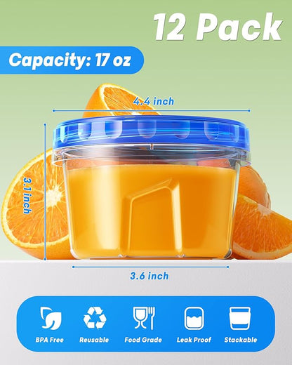 BiuLeon 12 Pack-17oz Freezer Storage Containers, Plastic Food Storage Containers with Twist Top Lids, BPA Free and Reusable Soup Containers with Lid, Microwave and Dishwasher Safe