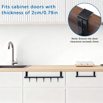 INCREWAY 2Pcs Towel Holder, Over Cabinet Door Towel Rack with Hooks, Multi-Purpose Kitchen Towels Rack and Hanger Organizer for Sink Bathroom Pantry Door (Black)