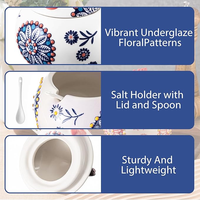 LemonRoad 2 Pcs Ceramic Salt Cellar with Lid and Spoon, 13oz Large Chicken Rooster Cookie Jar Salt Containers Holder for Countertop Spices, Ideal for Adding Charm to Kitchen Christmas Decor(Blue)
