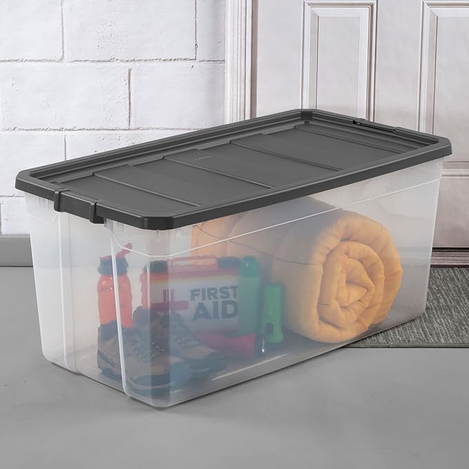 Sterilite 200 Quart Clear Plastic Modular Stacker Storage Bin Tote Container with Latching Lid, Clear Base, and Textured Sure-Grip Surface, Flat Grey