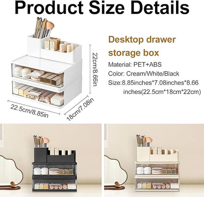 DASITON Makeup Organizer for Vanity with 2 Drawers, Stackable Cosmetic Organizer with Makeup Brush Holder, Plastic Bathroom Organizer Skincare Storage for Brushes, Eyeshadow, Lotions, Lipstick (White)