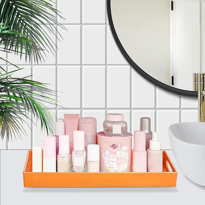 MAONAME Orange Vanity Tray, Plastic Decorative Tray, Rectangular Trays with Handles, Narrow Bathroom Trays for Toilet Tank, 13.8" X 6" X 1.57"