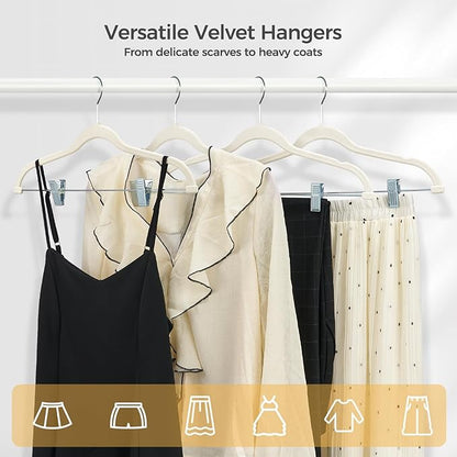 HOUSE DAY Velvet Hangers with Adjustable Clips 10 Pack, Non-Slip Suit Organizer with 360° Hook - Heavy Duty Hanger for Pants, Skirts, Blouses, Dresses - Outfit Hangers All-Season Space Saver (Ivory)