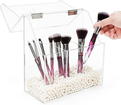 Okllen Makeup Brush Holder with Dustproof Lid, White Pearls, Acrylic Clear Makeup Brush Organizer with 3 Compartment, Large Cosmetic Brush Storage Box Case for Vanity, Bathroom, Bedroom