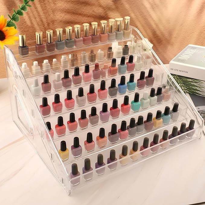 Nail Polish Organizer 84 Bottles of 7 Layers Sunglass Acrylic Display Rack Eyeglasses Storage Essential Oils Holder Makeup No Tool Needed Assembly, Clear (2 Pack)