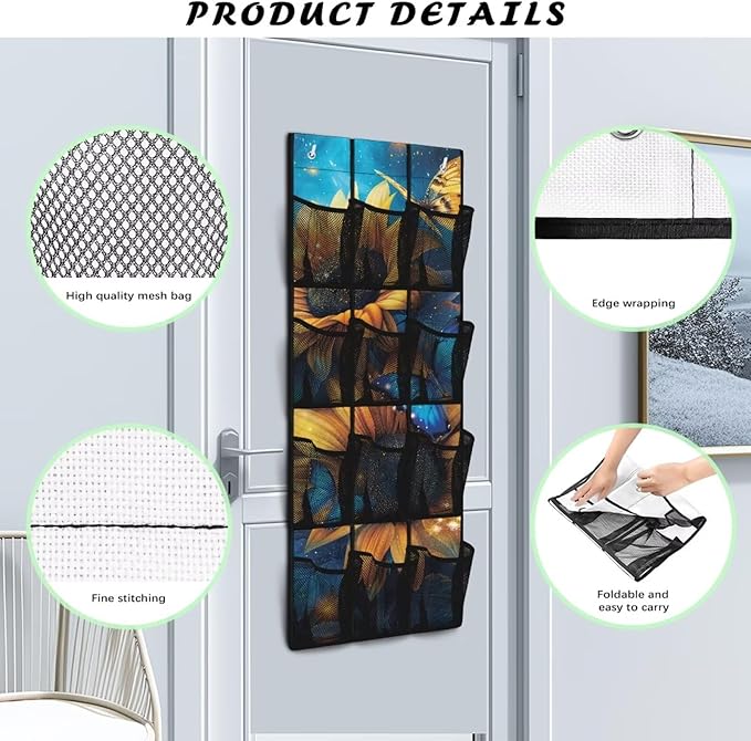 Butterfly Sunflower Over the Pantry Door Organizer - 12 Clear Pockets for Spices, Utensils, Snacks