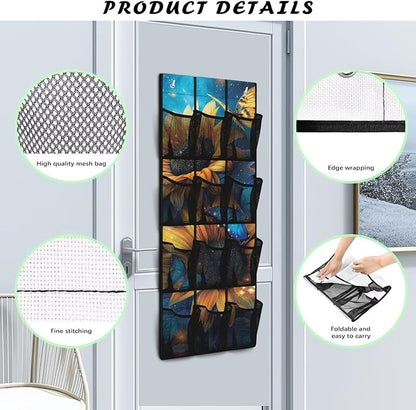 Butterfly Sunflower Over the Pantry Door Organizer - 12 Clear Pockets for Spices, Utensils, Snacks