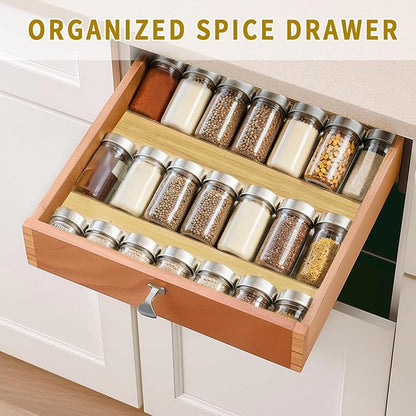 WodGod Bamboo Spice Rack For Drawer,4Pcs Tier Stackable Seasoning Storage Organizer Insert,for Kitchen Condiments Storage Insert(Jars Not Included,Combined Size:18.9" D x 9.5" W x 1.8" H