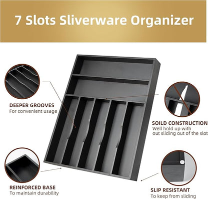 Besilord Silverware Organizer Kitchen Drawer Organizer Utensil Organizer Bamboo Silverware Holder Cutlery Organizer in Drawer Flatware Organizer Tray(7 slots, Black