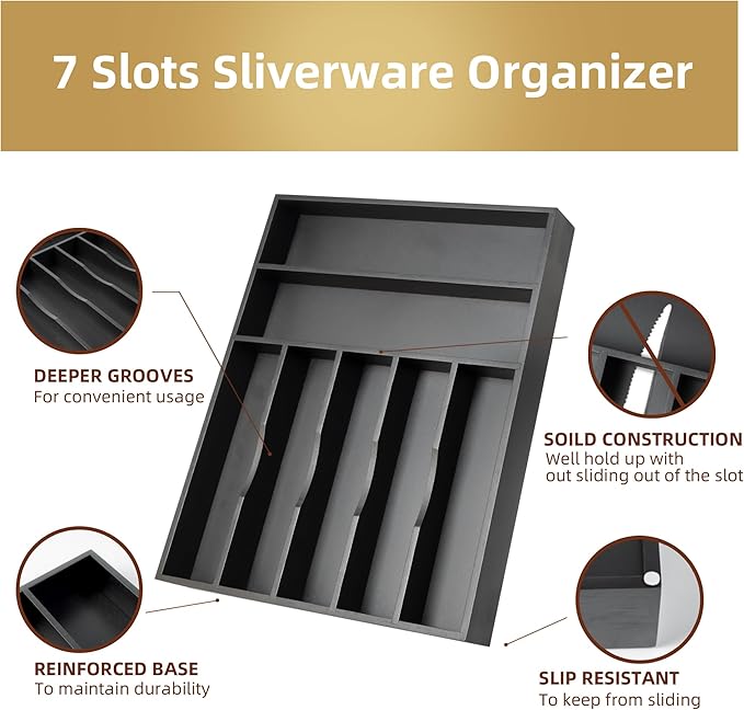 Silverware Organizer Bamboo Kitchen Drawer Organizer Utensil Organizer Silverware Holder Cutlery Organizer in drawer Flatware Organizer Tray (Black 7 Slots)
