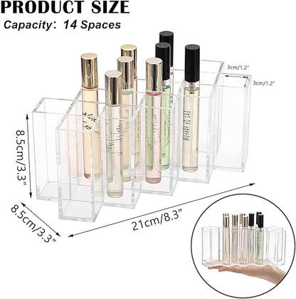 ELLDOO Rollerball Perfume Organizer, 14 Spaces Clear Acrylic Perfume Storage Holder Beauty Scent Holder, Stackable Makeup Lipgloss Lipstick Display Case Lip Gloss Storage Stand