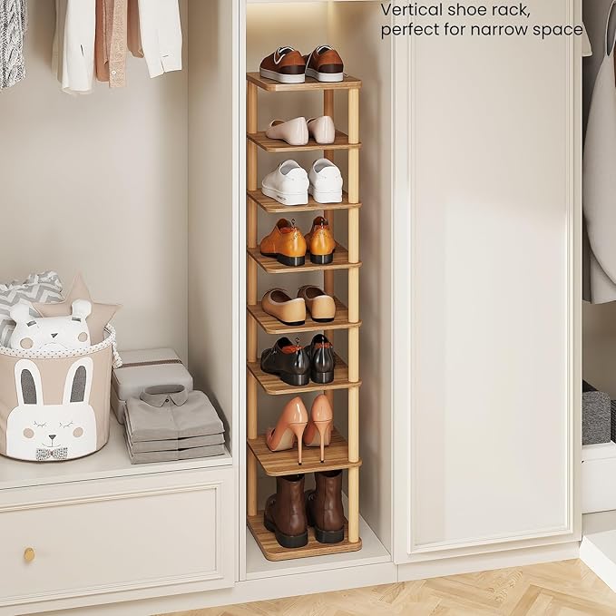 LUCKNOCK Vertical Shoe Rack, 8-Tier Tall Narrow Shoe Organizer for Entryway, Closet, Dorm & Small Spaces, Freestanding Wooden Shoe Shelf Tower for Boots, Sneakers, Heels. (Walnut)