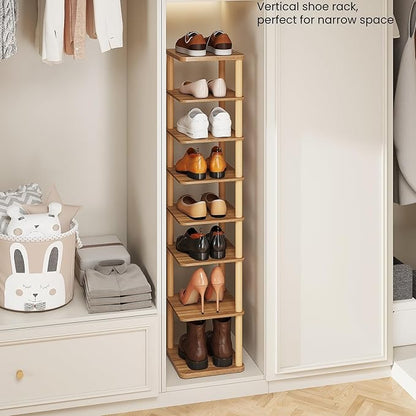 LUCKNOCK Vertical Shoe Rack, 8-Tier Tall Narrow Shoe Organizer for Entryway, Closet, Dorm & Small Spaces, Freestanding Wooden Shoe Shelf Tower for Boots, Sneakers, Heels. (Walnut)