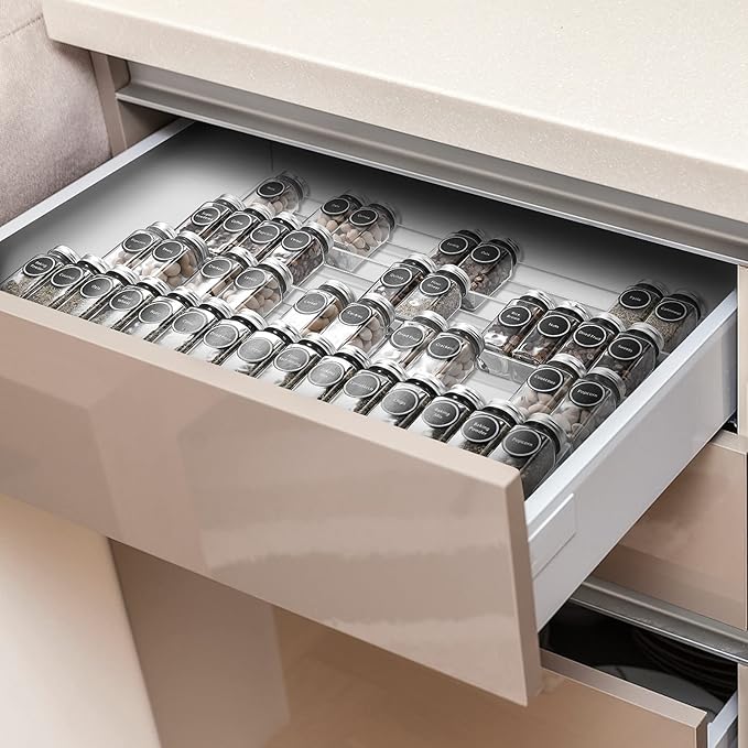 Mulush Acrylic Spice Rack Tray - Spice Drawer Organizer for Kitchen Cabinets Storage and Organization (Jars Not Included)
