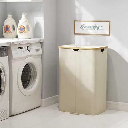 Lifewit 170L Double Laundry Hamper with Lid, Large Laundry Basket with Removable Bag & Bamboo Handles, Fodable Tall Dirty Clothes Hamper for Laundry Collapsible Bin for Bathroom Bedroom Dorm, Beige