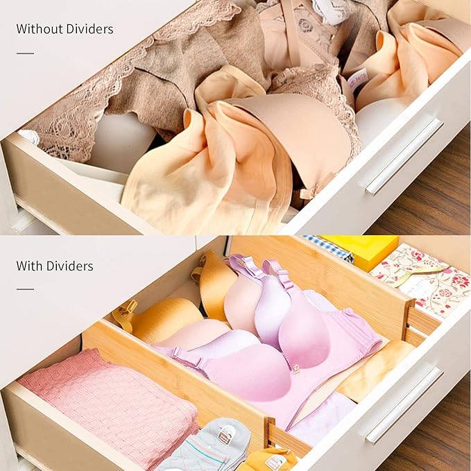 Utoplike 4 pcs Bamboo Kitchen Drawer Dividers Large, Adjustable Drawer Organizers, Spring Loaded, Expandable Organization Works in Kitchen, Dresser, Bathroom, Bedroom, Drawer, Desk