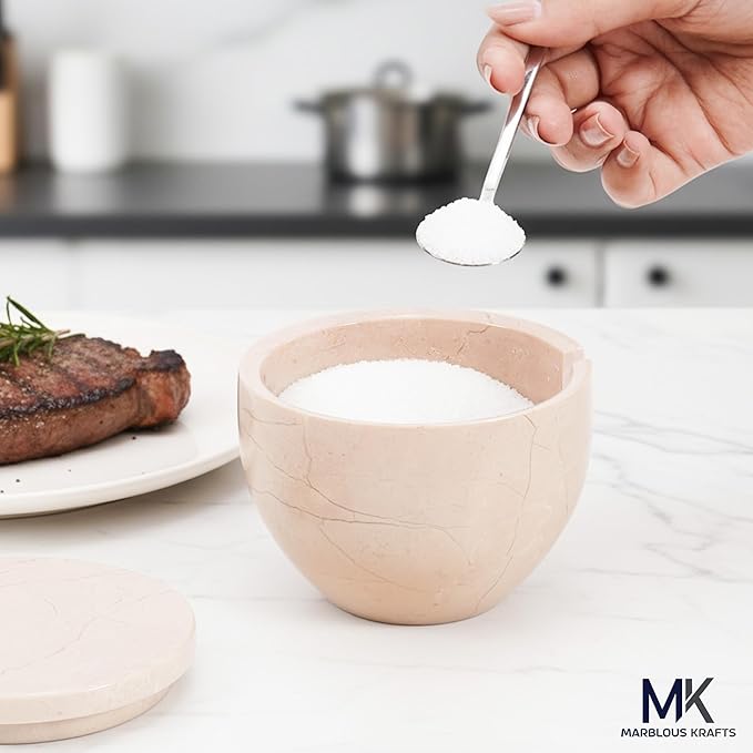 MARBLOUS KRAFTS Marble Flaky Salt Cellar with Lid and Spoon of 4.7 oz Verona Seasoning Container for Countertop Use, Ideal for Stone Salt, Sugar Candy Bowl, and Spices