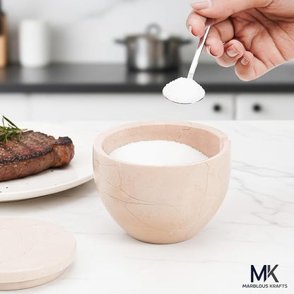 MARBLOUS KRAFTS Marble Flaky Salt Cellar with Lid and Spoon of 4.7 oz Verona Seasoning Container for Countertop Use, Ideal for Stone Salt, Sugar Candy Bowl, and Spices