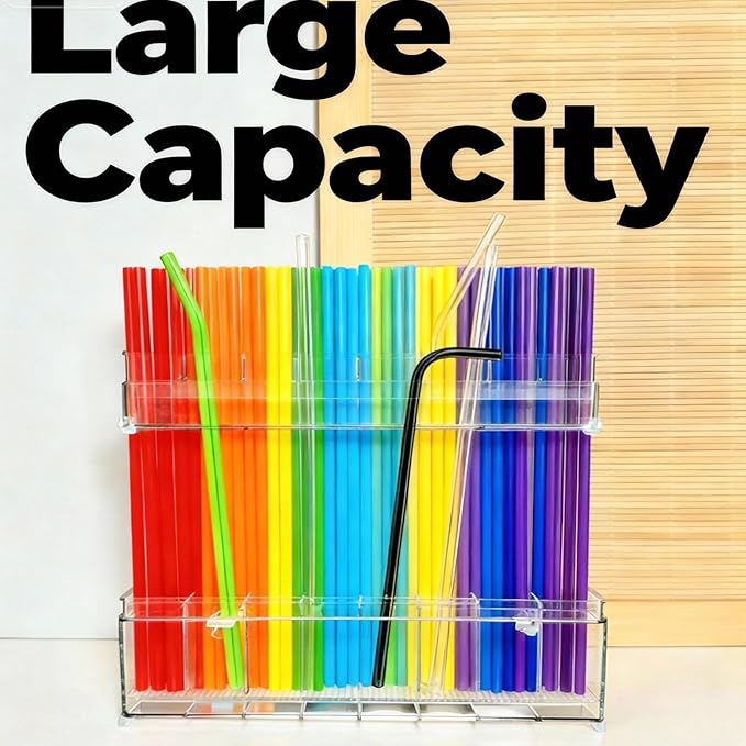 9.8 inch double-layer removable and washable Large Acrylic Cabinet Straw Holder Organizer with Traceless Nano Adhesive – Space-Saving Storage Rack for Cabinet Door, Clear Straw Cabinet Holder
