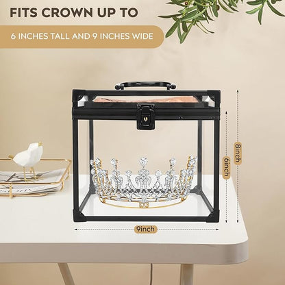 9inches Wide Pageant Crown Box Tiara Carrying Case Extra Large with Sash Holder Clear Acrylic Display Case,Toiletry and Cosmetic Organizer (Black, 230 * 230 * 190mm)