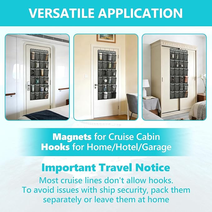 Esoes Cruise Ship Magnetic Door Organizer, 24 Pockets Magnetic Behind the Door Shoe Rack-4 Strong Anti-Scratch Magnets, Over the Door Organizer Cruise Essentials Storage for Cruise Cabin Travel