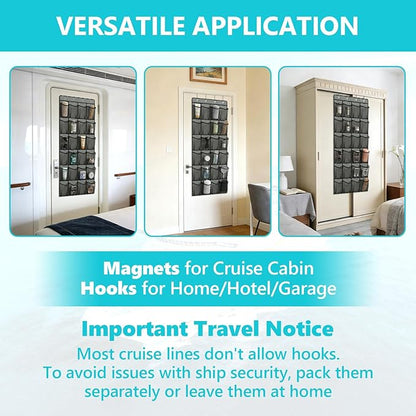 Esoes Cruise Ship Magnetic Door Organizer, 24 Pockets Magnetic Behind the Door Shoe Rack-4 Strong Anti-Scratch Magnets, Over the Door Organizer Cruise Essentials Storage for Cruise Cabin Travel