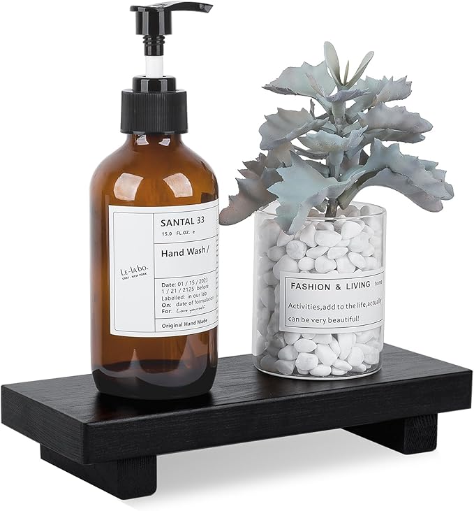 Bathroom Counter Organizer Wood Pedestal Stand Farmhouse Decorative Tray Soap Holder for Kitchen Decor, Small, Black