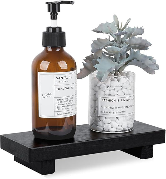 Bathroom Counter Organizer Wood Pedestal Stand Farmhouse Decorative Tray Soap Holder for Kitchen Decor, Small, Black
