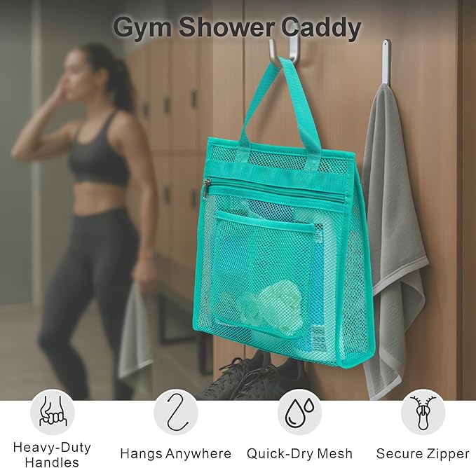 F-color Mesh Shower Caddy Portable Hanging - 3 Pockets Small Shower Bag Tote for Camping, Gym, Travel, Toiletry, Quick Dry Bathroom Essentials with S Hook, Mint Green