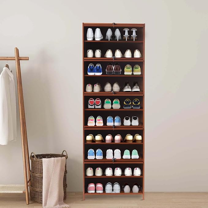 10 Tiers Shoe Storage Cabinet with Doors Tall Bamboo Hidden Shoe Storage Freestanding Shoes Heels Sneakers Shelf Rack 28 Pairs of Shoes Organizer Book Shelf for Entryway Hallway Living Room Bedroom