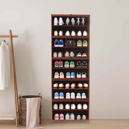 10 Tiers Shoe Storage Cabinet with Doors Tall Bamboo Hidden Shoe Storage Freestanding Shoes Heels Sneakers Shelf Rack 28 Pairs of Shoes Organizer Book Shelf for Entryway Hallway Living Room Bedroom