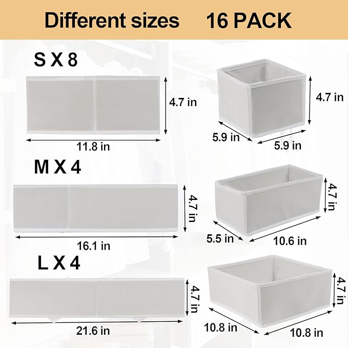 Fordonral 16 Pack Drawer Organizer Clothes, Foldable Fabric Dresser Organizer Closet Organizers and Storage Box for Underwear,Folded Clothes,Baby Clothing,Socks,Bra,Towels,Ties(White)