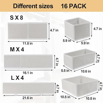 Fordonral 16 Pack Drawer Organizer Clothes, Foldable Fabric Dresser Organizer Closet Organizers and Storage Box for Underwear,Folded Clothes,Baby Clothing,Socks,Bra,Towels,Ties(White)