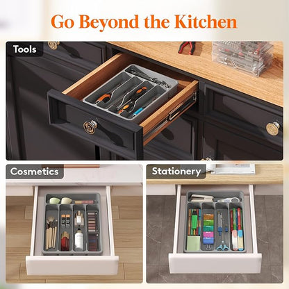 Lifewit Silverware Drawer Organizer Tray, Plastic Cutlery Storage for Kitchen, Flatware and Utensil Holder Divider for Spoons Forks Knives Tableware, 9.1 x 12.6", 5 Slots, Gray