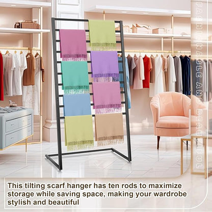 Hijab Organizer, 10 Tier Metal Scarf Holder Organizer, Freestanding Scarf Shawl Display Stand Belt Holder for Boutique, Retail Store, Bedroom, Clothing Store(Black,57" X 31.5" X 15.75")