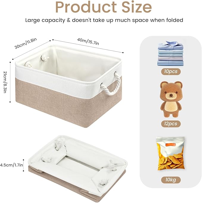 Large Storage Baskets- 15.7x11.8x8.26 inch Storage Bins for Shelves and Closet Organizing, Foldable Fabric Bin for Home Organization Clothes and Laundry (6-Pack, White&Khaki)