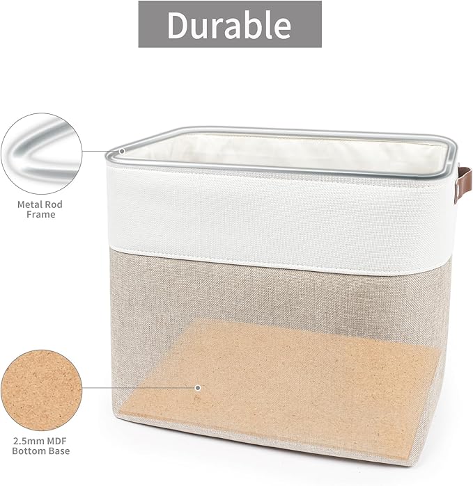Bagnizer Large Fabric Storage Baskets | 50L Storage Bins, Decorative Linen Closet Baskets with Handles for Organizing, Shelf, Toys, Clothes, Home, Office, Nursery, 17x12x15Inches (Beige&White)