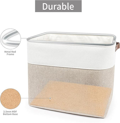 Bagnizer Large Fabric Storage Baskets | 50L Storage Bins, Decorative Linen Closet Baskets with Handles for Organizing, Shelf, Toys, Clothes, Home, Office, Nursery, 17x12x15Inches (Beige&White)