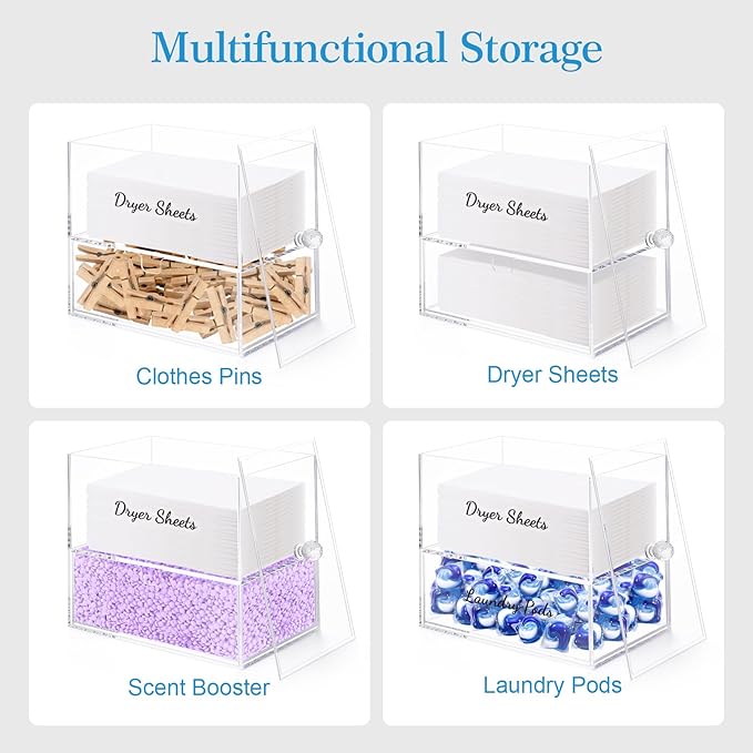 JYPS 1+1 Acrylic Dryer Sheet Holder with Drawer and Bamboo Lid, Clear Acrylic Large-Capacity Laundry Pods Container, Scent Boosters & Powder, Laundry Room Organization decor, Storage Jars Set