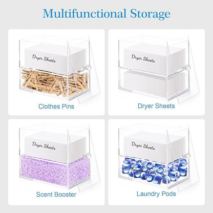 JYPS 1+1 Acrylic Dryer Sheet Holder with Drawer and Bamboo Lid, Clear Acrylic Large-Capacity Laundry Pods Container, Scent Boosters & Powder, Laundry Room Organization decor, Storage Jars Set
