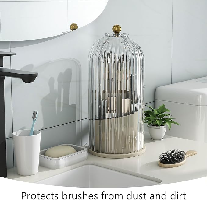 Makeup Brush Holder with Dustproof Cover 360 Rotating Makeup Brush Organizer for Vanity Bathroom, White/Beige